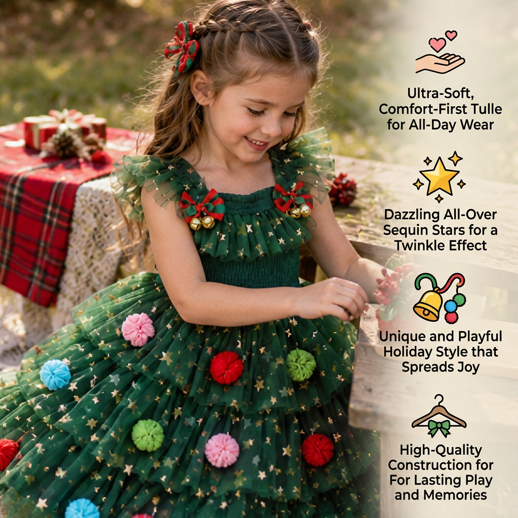 Girls’ Christmas Tutu Dress with Pom-Poms, Sequin Stars & Ruffled Sleeves