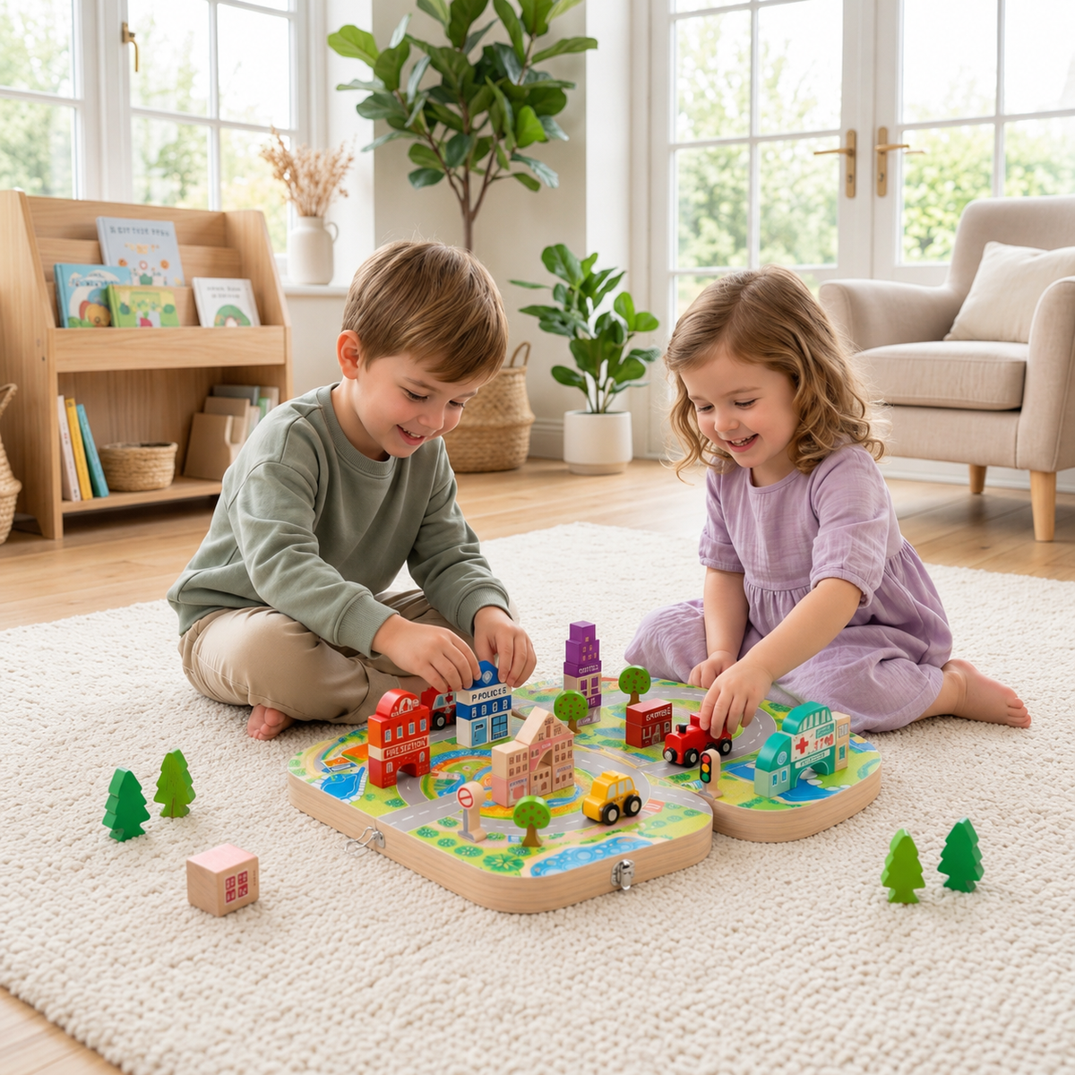 Wooden City Building Blocks & Train Track Travel Set