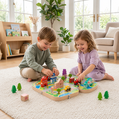 Wooden City Building Blocks & Train Track Travel Set