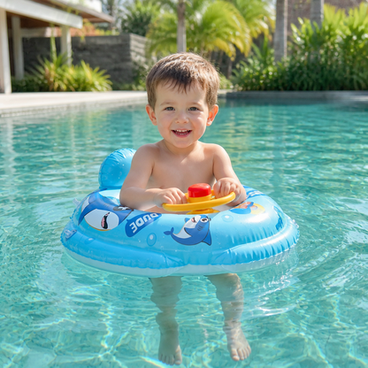 Inflatable baby swim ring with seat and steering wheel in a shark design