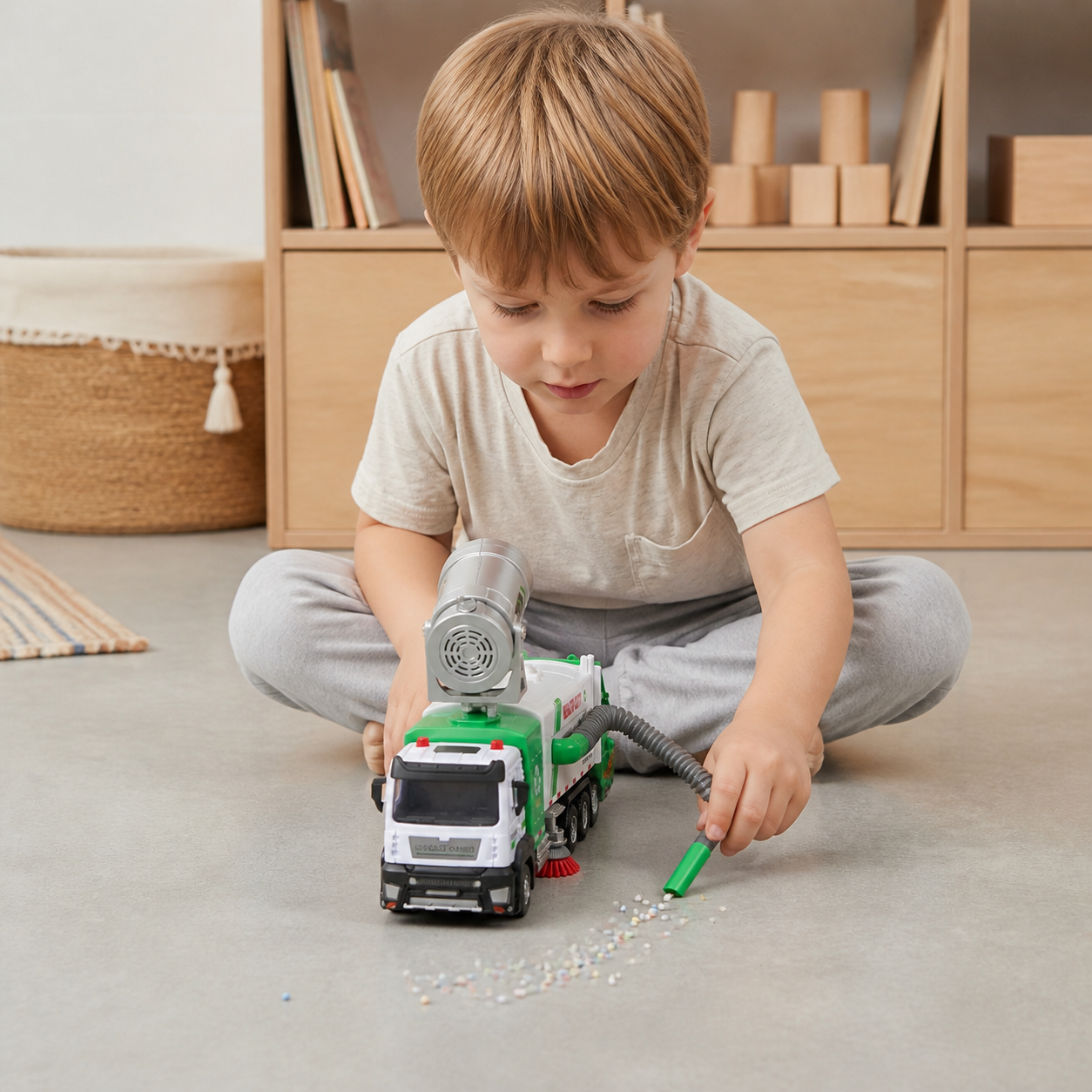 Die-Cast Street Sweeper Toy Truck with Vacuum Hose & Mist Spray