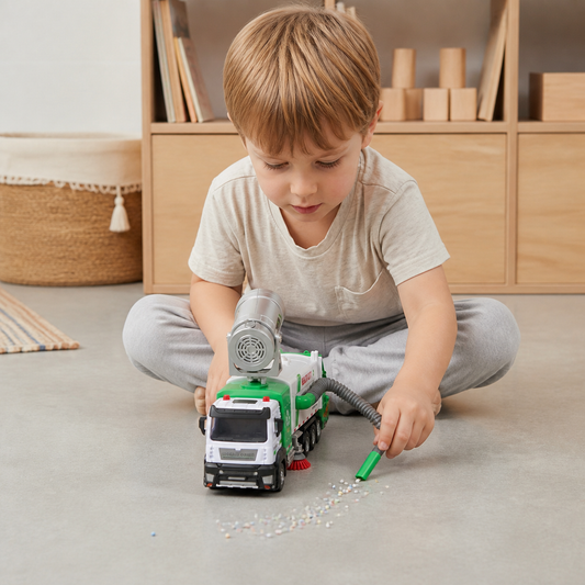 Die-Cast Street Sweeper Toy Truck with Vacuum Hose & Mist Spray