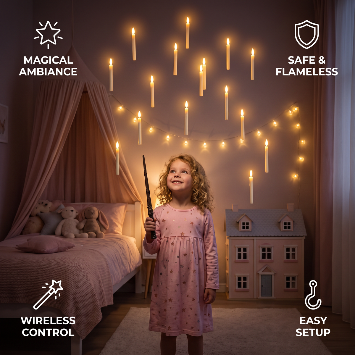Magic Wand-Controlled Floating LED Candles with Hanging Hooks
