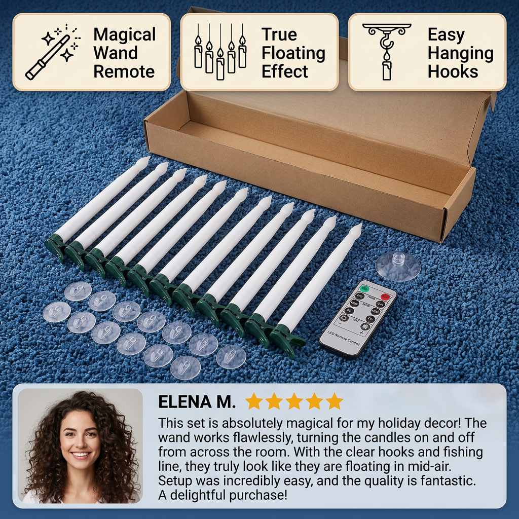 Magic Wand-Controlled Floating LED Candles with Hanging Hooks