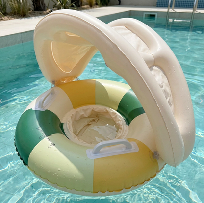 Inflatable Retro Striped Baby Swim Ring with Removable Sun Canopy – Secure Seat for 6–36 Months