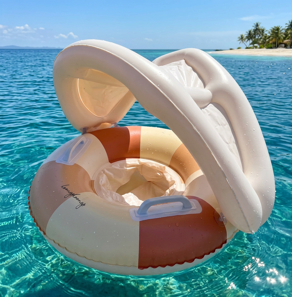 Inflatable Retro Striped Baby Swim Ring with Removable Sun Canopy – Secure Seat for 6–36 Months