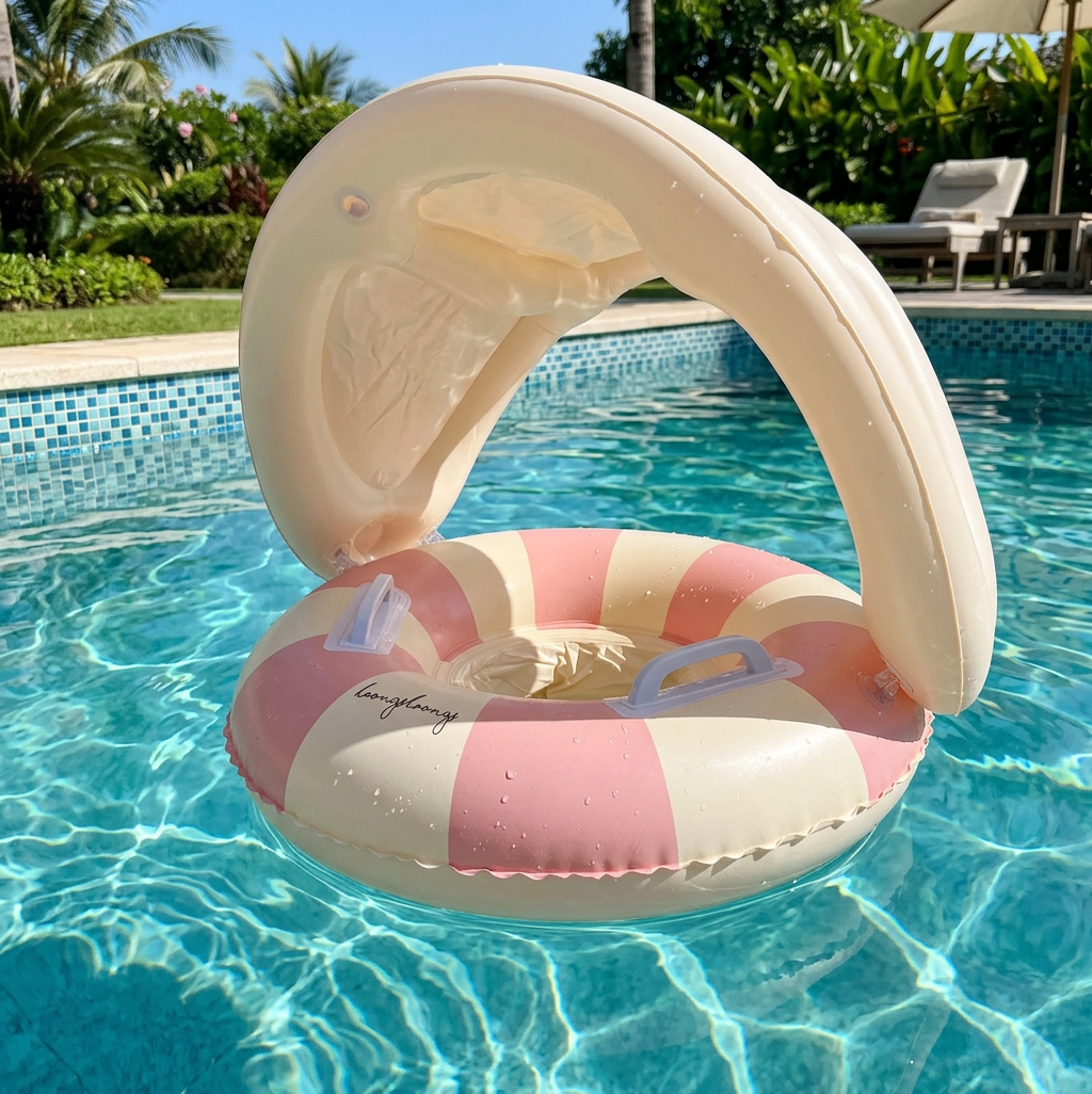 Inflatable Retro Striped Baby Swim Ring with Removable Sun Canopy – Secure Seat for 6–36 Months