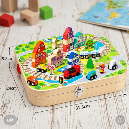 Wooden City Building Blocks & Train Track Travel Set