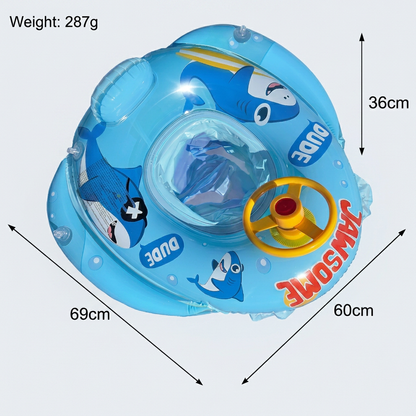 Inflatable baby swim ring with seat and steering wheel in a shark design