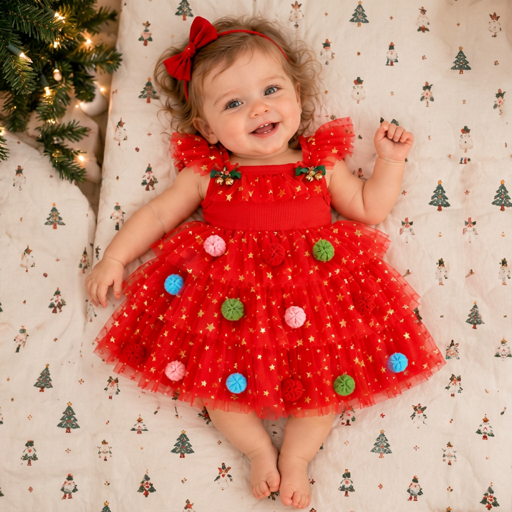 Girls’ Christmas Tutu Dress with Pom-Poms, Sequin Stars & Ruffled Sleeves