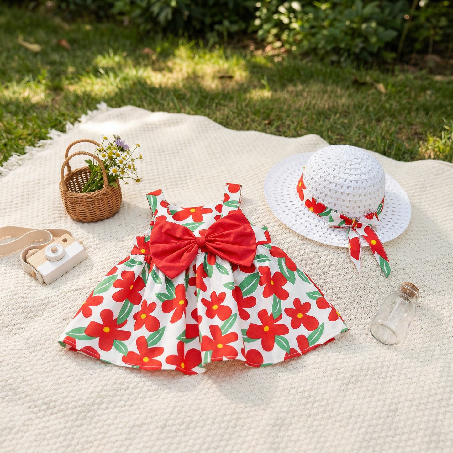 Summer Strap Dress Set for Babies & Toddlers – Sleeveless Bow Dress with Matching Hat