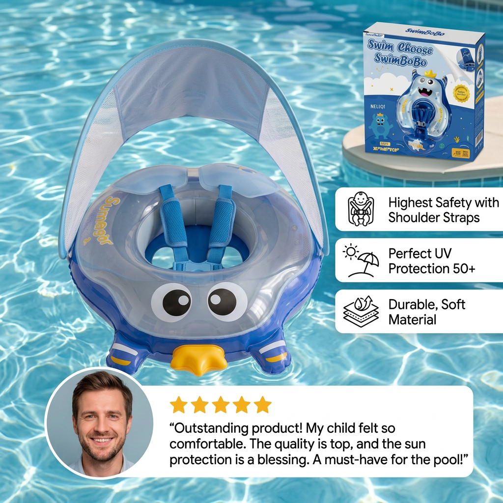 Inflatable Baby Swim Ring with Shoulder Straps & Sun Canopy – Safe Pool Seat for Babies