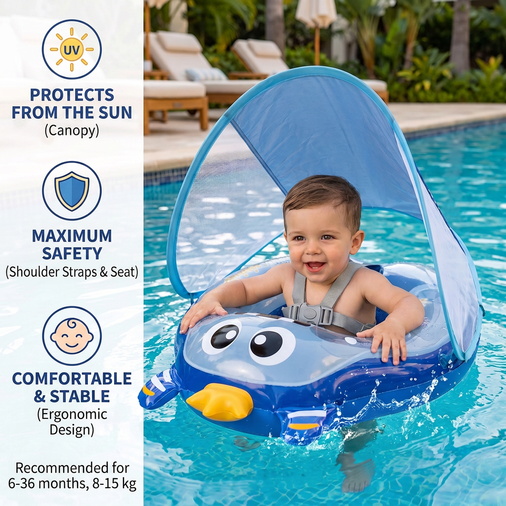 Inflatable Baby Swim Ring with Shoulder Straps & Sun Canopy – Safe Pool Seat for Babies