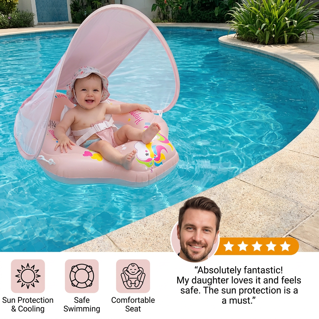 Baby Swim Float with Sun Canopy – Inflatable Infant Swimming Ring for Safe Water Fun