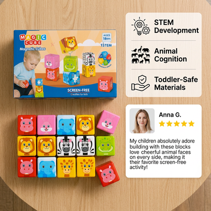 Toddler-Safe 4.2 cm Safari Animal Magnetic Building Cubes – STEM Learning Blocks