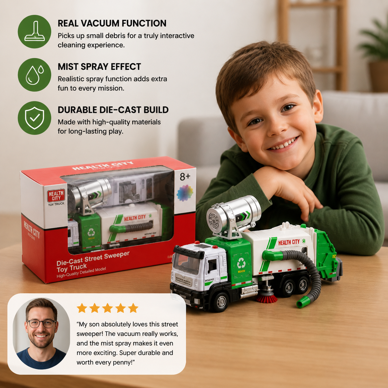 Die-Cast Street Sweeper Toy Truck with Vacuum Hose & Mist Spray