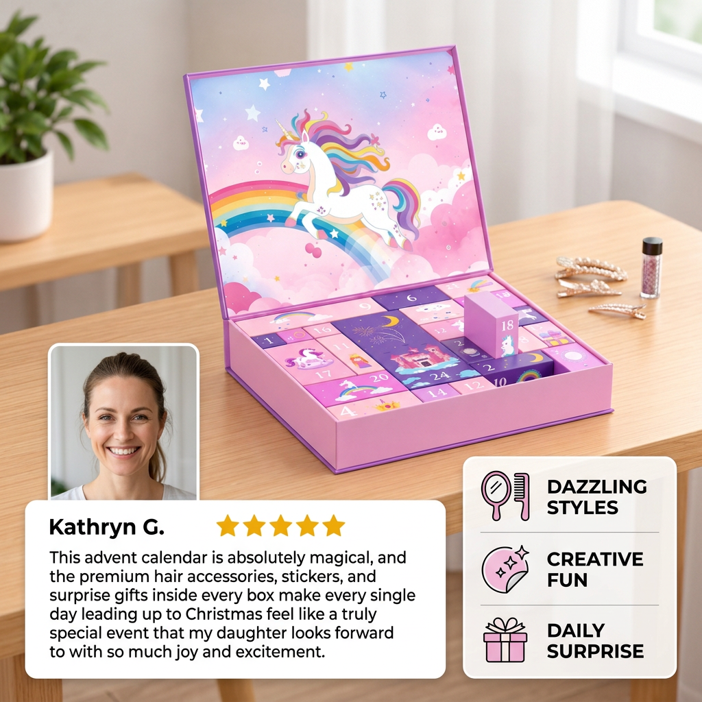 24-Day Unicorn Advent Calendar with Hair Accessories, Stickers & Surprise Gifts