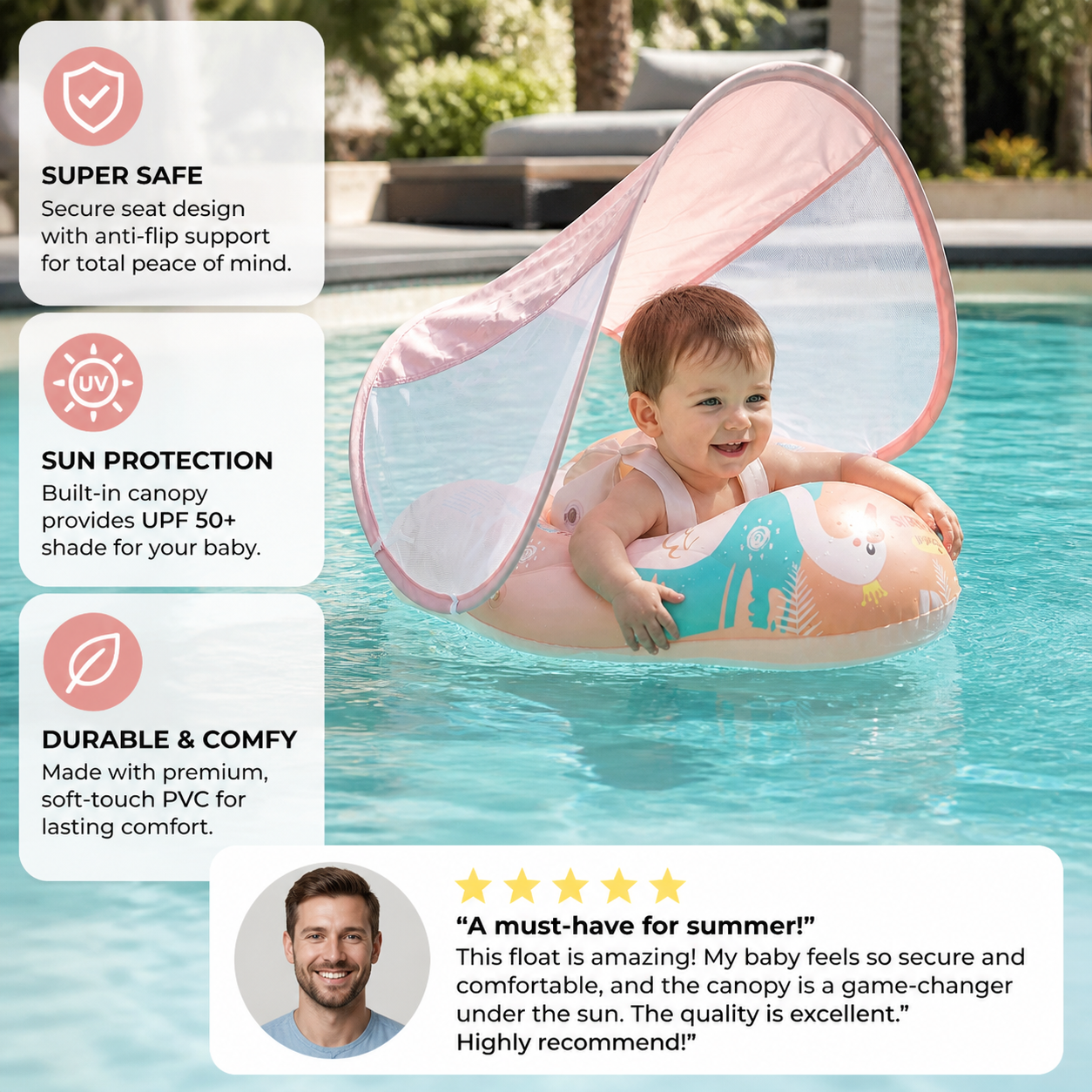 Swan Baby Swim Ring with Sun Canopy – Inflatable Safety Float Seat for Babies