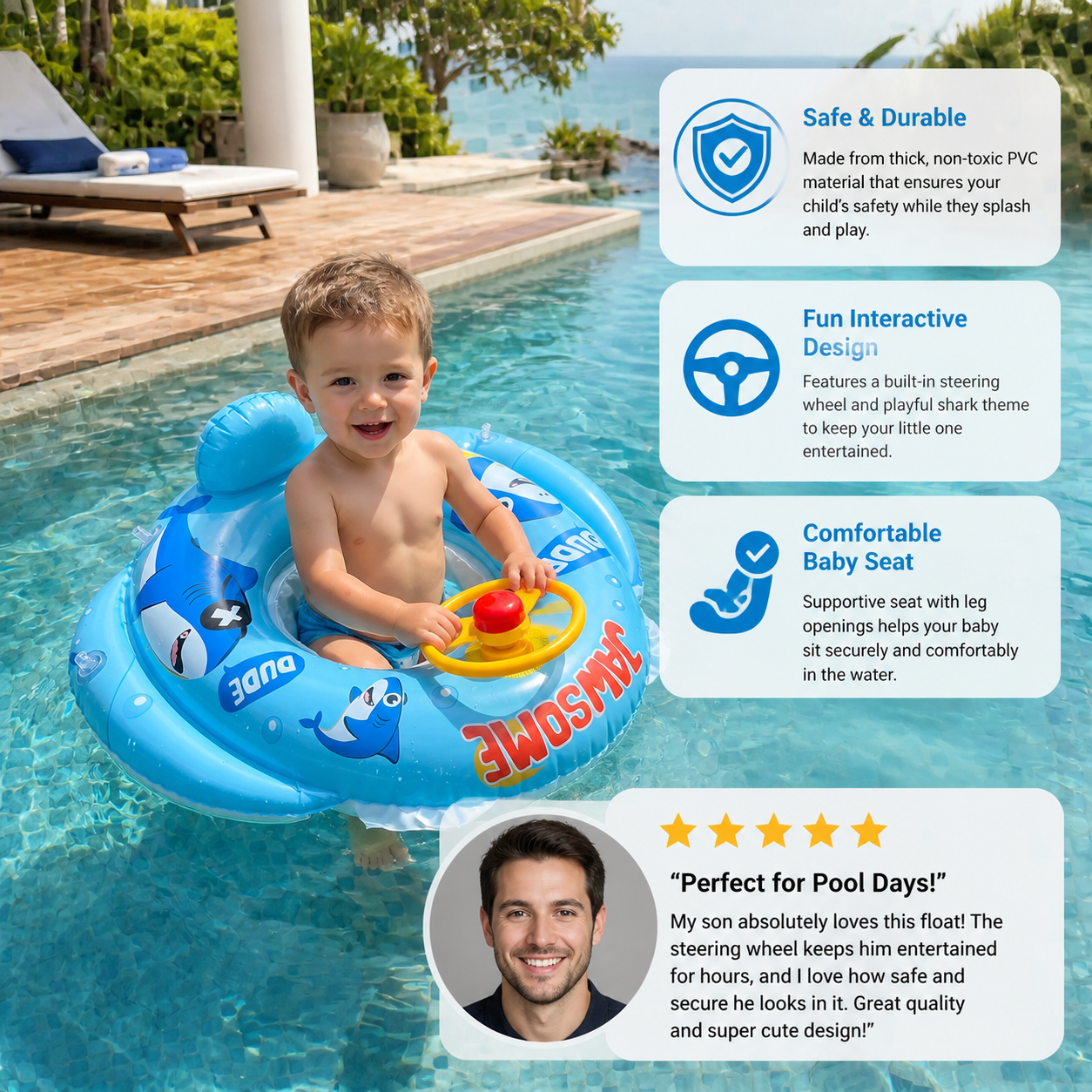Inflatable baby swim ring with seat and steering wheel in a shark design