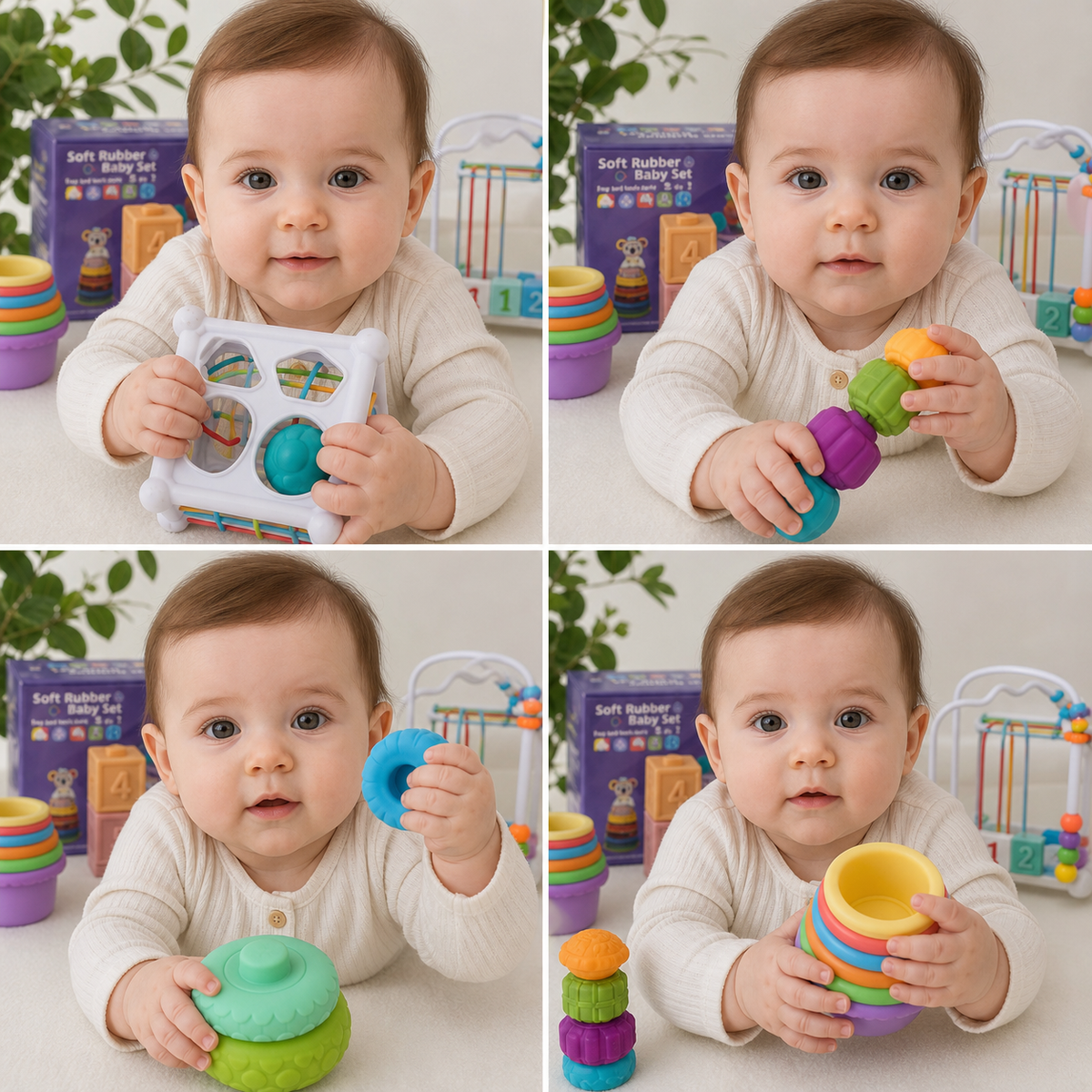 5-in-1 Montessori Soft Rubber Baby Sensory Play Set with Stacking & Sorting Toys – 26 Pieces