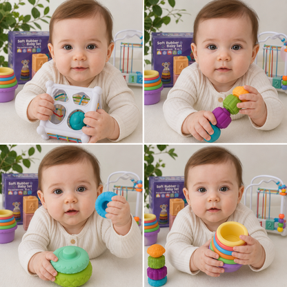 5-in-1 Montessori Soft Rubber Baby Sensory Play Set with Stacking & Sorting Toys – 26 Pieces
