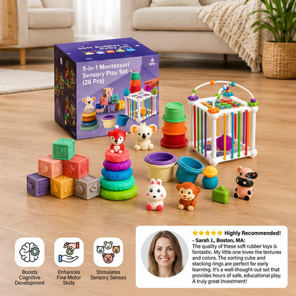 5-in-1 Montessori Soft Rubber Baby Sensory Play Set with Stacking & Sorting Toys – 26 Pieces