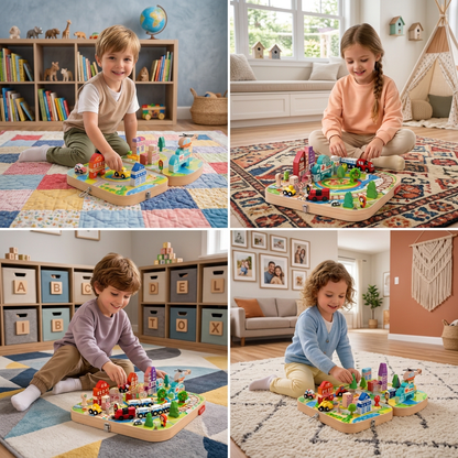 Wooden City Building Blocks & Train Track Travel Set
