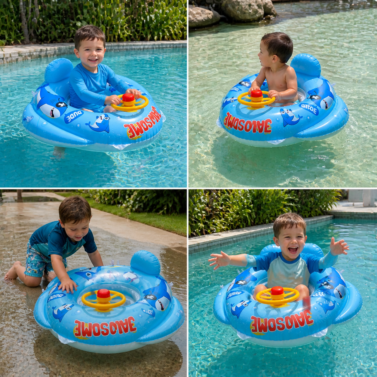Inflatable baby swim ring with seat and steering wheel in a shark design