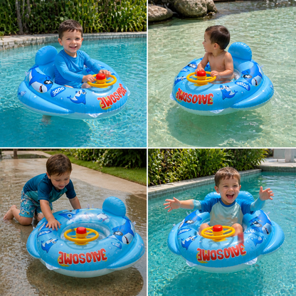 Inflatable baby swim ring with seat and steering wheel in a shark design
