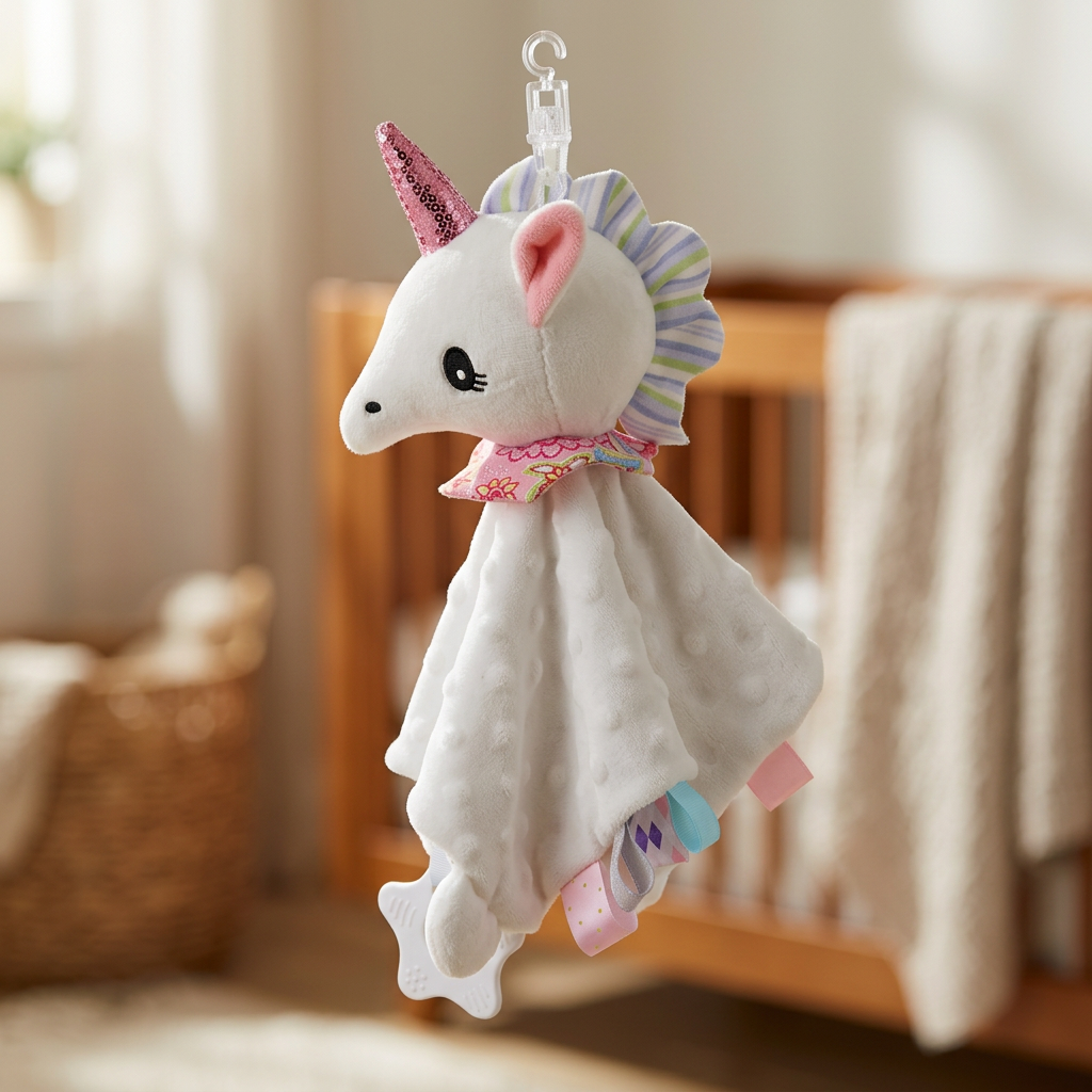 Soothing plush cuddly blanket with rattle